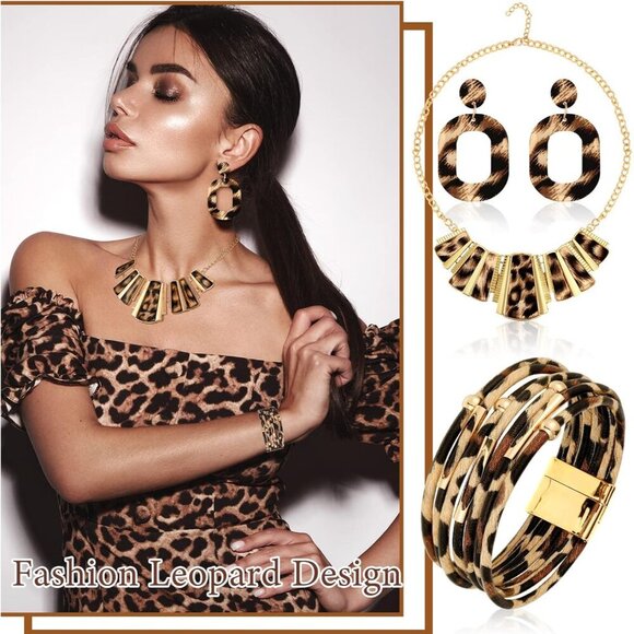 Leopard Print Accessories Set Women Purse Jewelry Necklace Earrings Bracelets - Picture 3 of 7